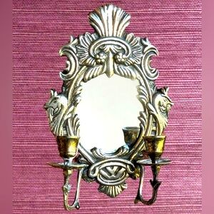 Vintage Ornate Silver Mirrored Double Candelabra Candle Wall Sconce